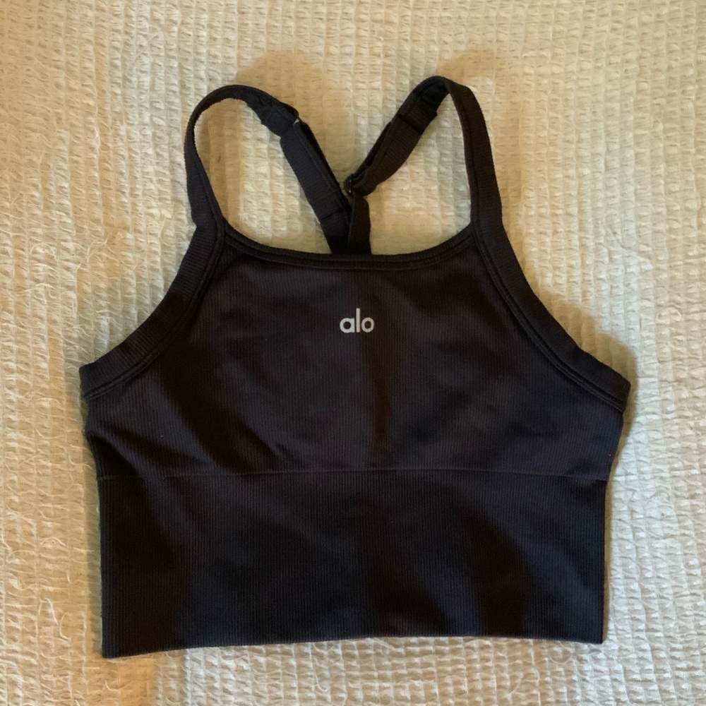 Alo Yoga Seamless Ribbed Favorite Sports Bra Tank Top Black Logo Size Small - Picture 11 of 11